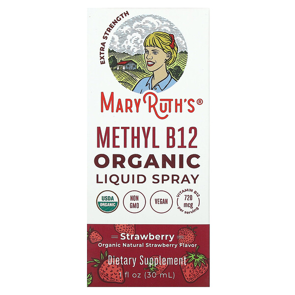 Органический B12 в форме спрея, экстра сила, клубника - 720 мг на порцию - 30 мл - MaryRuth's MaryRuth's