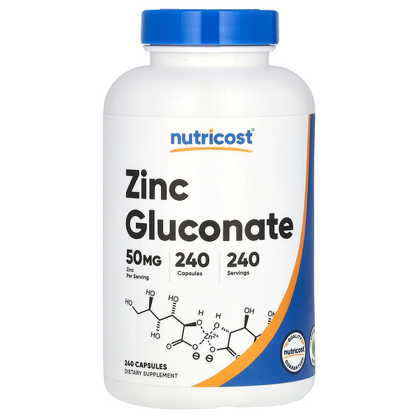 Цинк глюконат - 50 мг - 240 капсул - Nutricost Nutricost