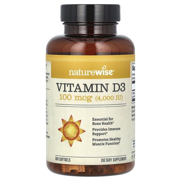 Витамин D3 - 100 мкг (4000 МЕ) - 360 мягких капсул - NatureWise NatureWise