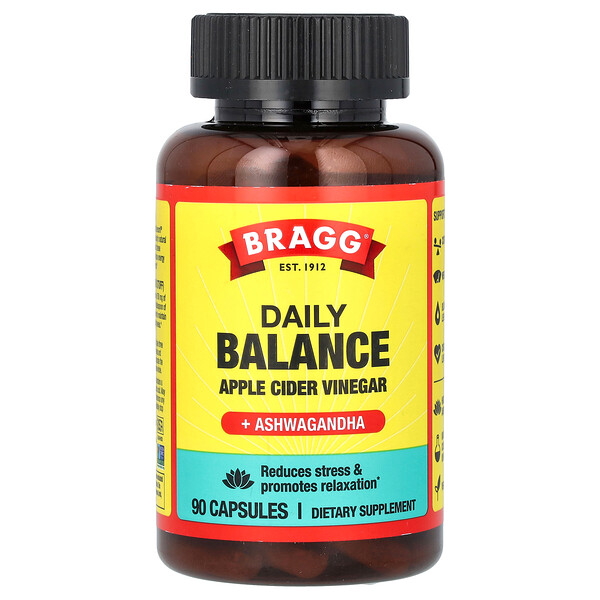 Daily Balance, яблочный уксус + ашваганда, 90 капсул Bragg