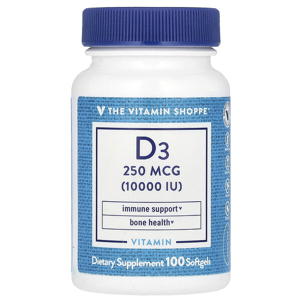 Витамин D3, 250 мкг (10 000 МЕ), 100 мягких таблеток The Vitamin Shoppe