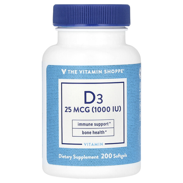 Витамин D3, 25 мкг (1000 МЕ), 200 мягких таблеток The Vitamin Shoppe