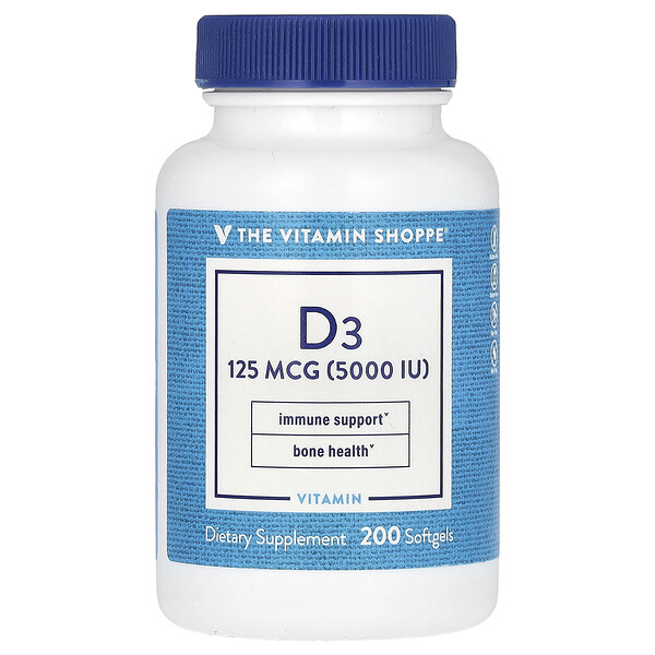 Витамин D3, 125 мкг (5000 МЕ), 200 мягких таблеток The Vitamin Shoppe