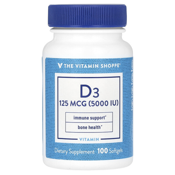Витамин D3, 125 мкг (5000 МЕ), 100 мягких таблеток The Vitamin Shoppe