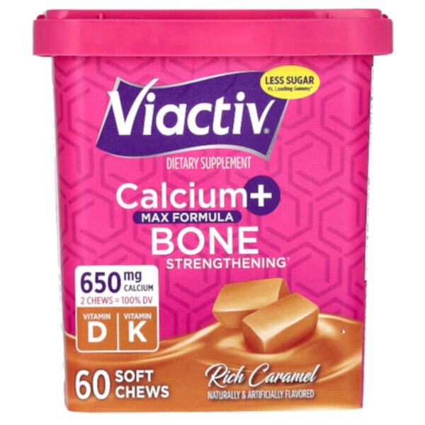 Кальций + укрепление костей, Max Formula, насыщенная карамель, 60 мягких жевательных конфет Viactiv