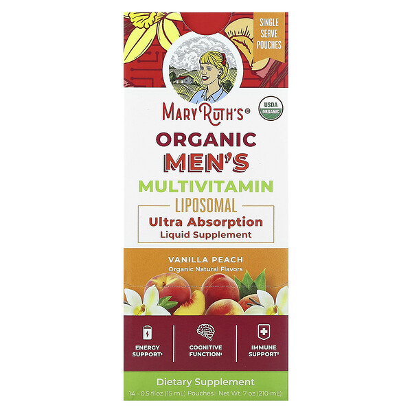 Органические мультивитаминные липосомальные средства для мужчин, ваниль-персик, 14 пакетиков по 0,5 жидких унций (15 мл) каждый MaryRuth's