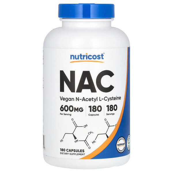 NAC, Веганский N-Ацетил L-Цистеин, 600 мг, 180 капсул - Nutricost Nutricost