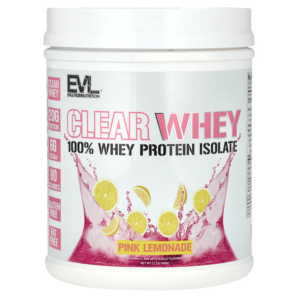 Clear Whey, 100% изолят сывороточного протеина, розовый лимонад, 1,1 фунта (500 г) EVLution Nutrition