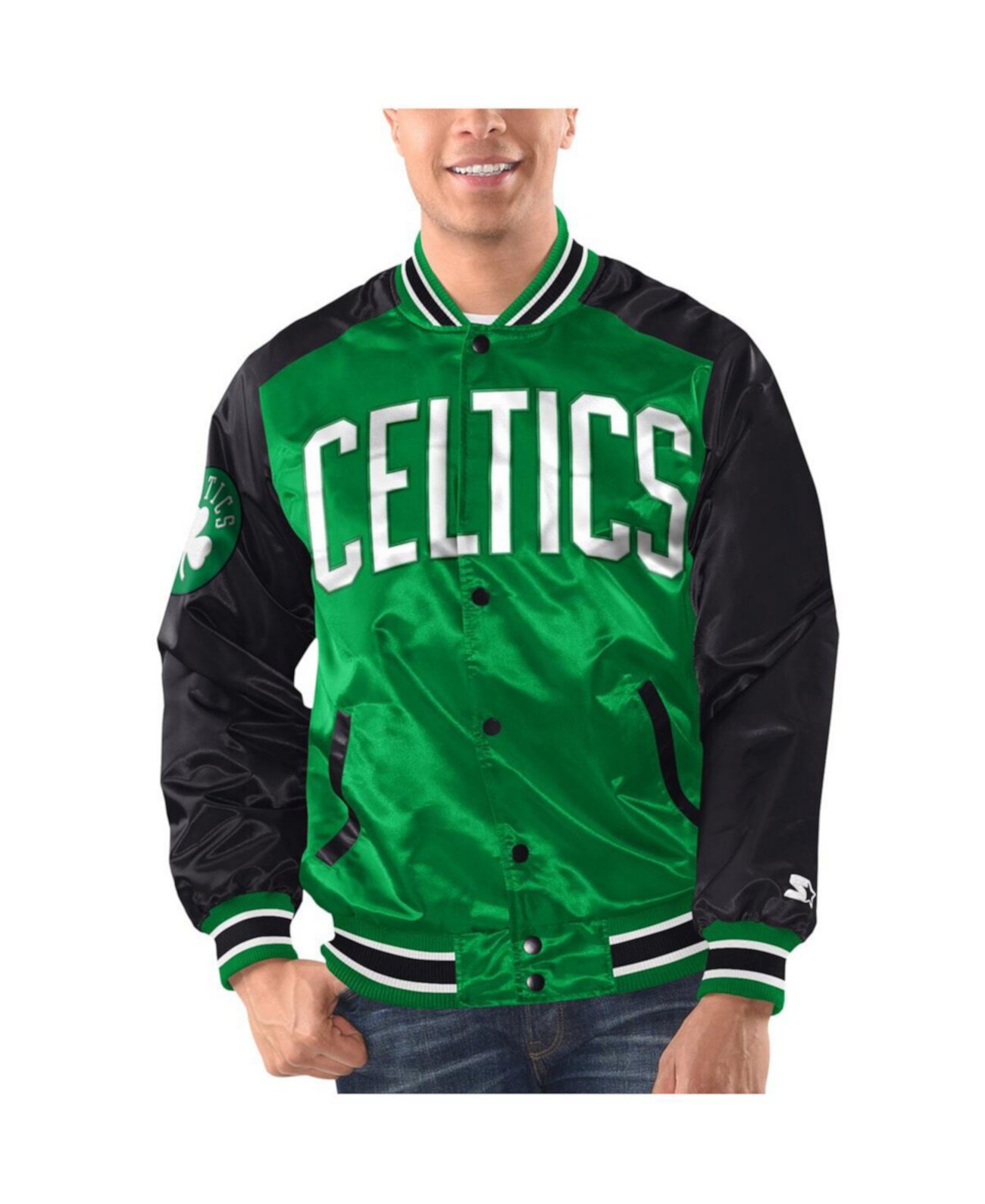 Мужская атласная университетская куртка с длинными кнопками Kelly Green, Black Boston Celtics Renegade Starter