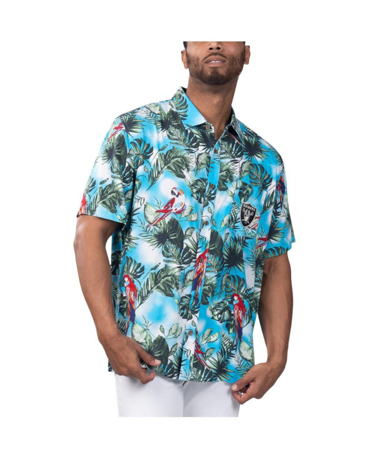 Мужская голубая рубашка на пуговицах Las Vegas Raiders Jungle Parrot Party Margaritaville