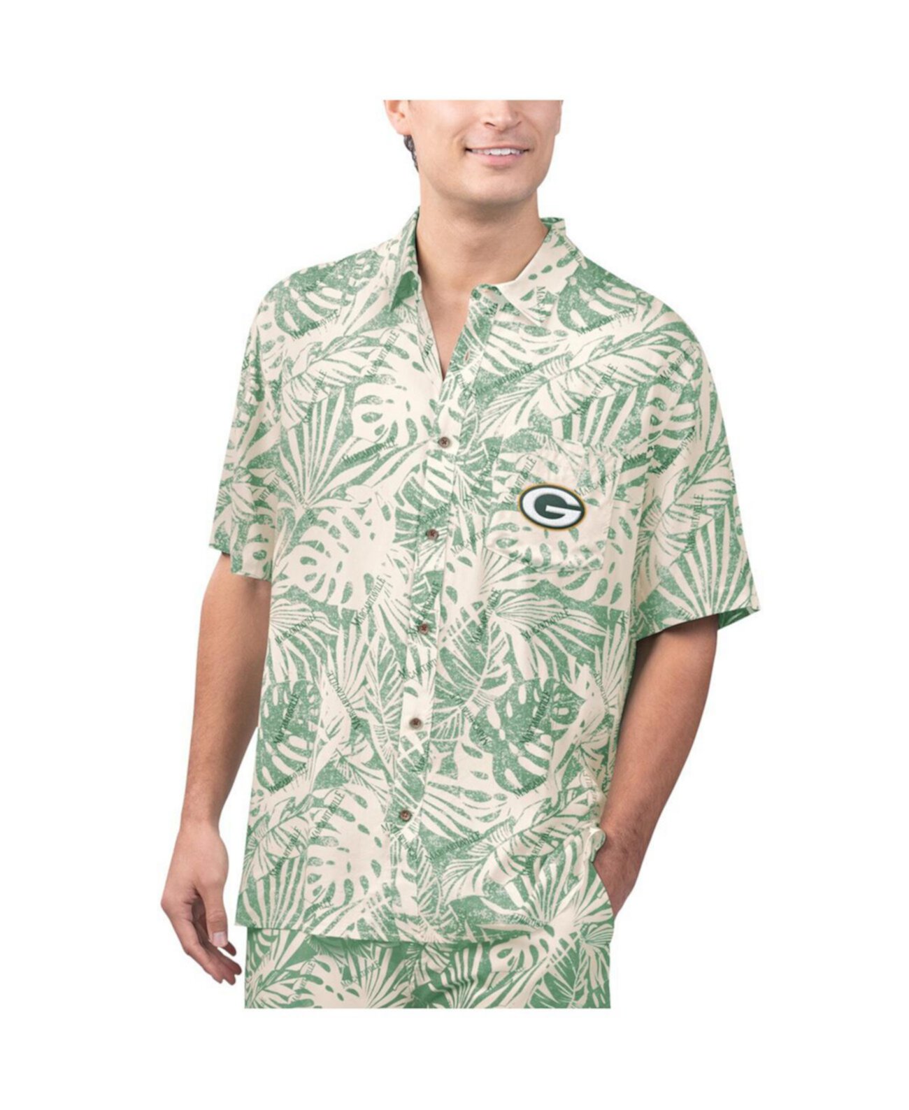 Мужская коричневая рубашка на пуговицах с принтом Monstera Green Bay Packers песочного цвета Margaritaville