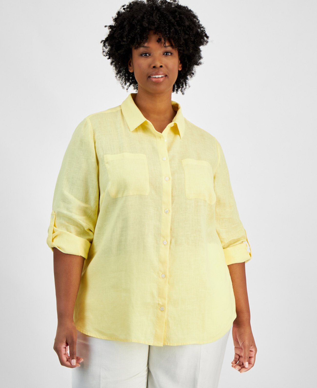 Plus Size 100% Linen Roll-Tab Shirt, Created for Macy's Charter Club