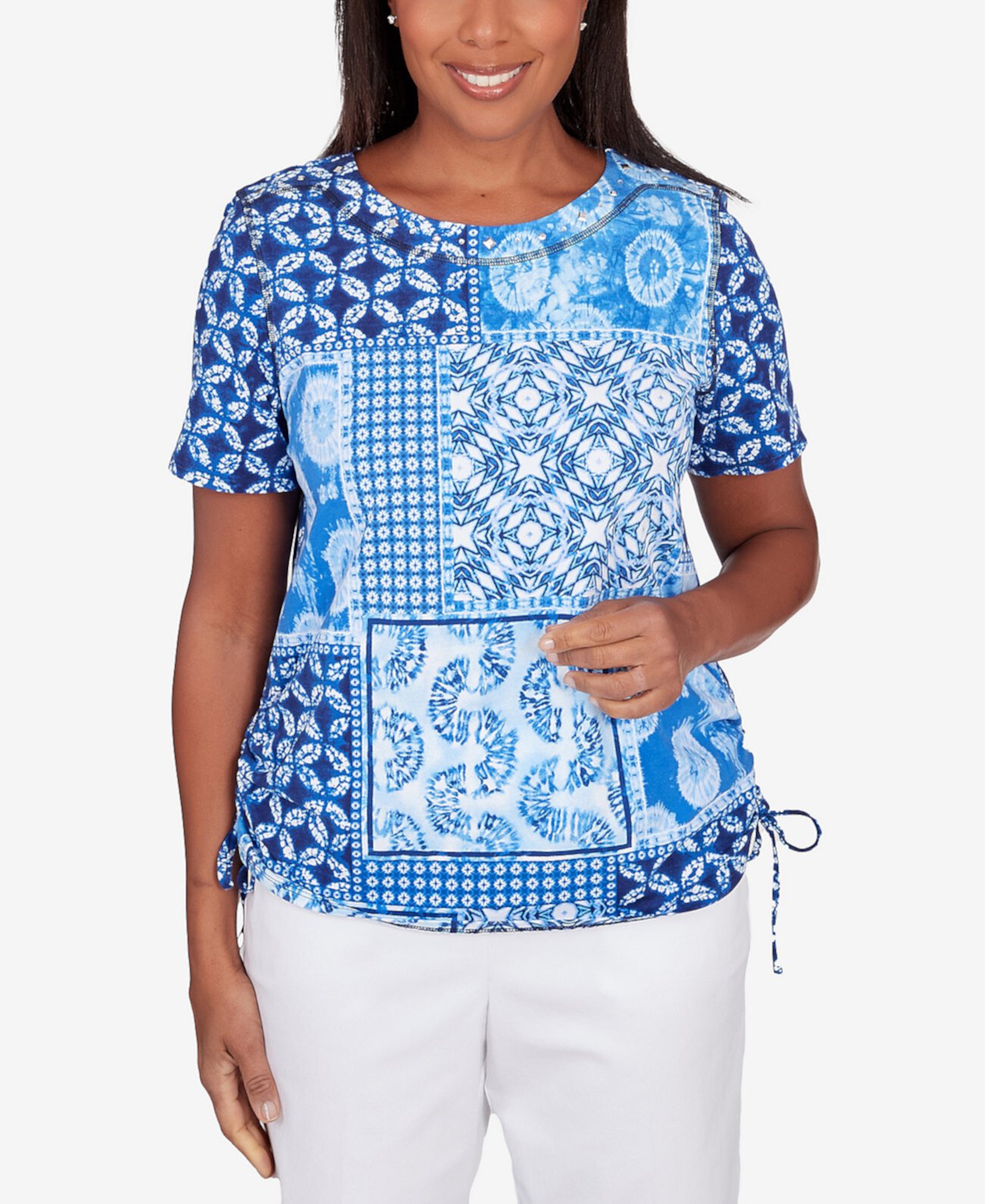 Женская футболка Petite Blue Bayou со сборками в стиле икат в стиле пэчворк Alfred Dunner