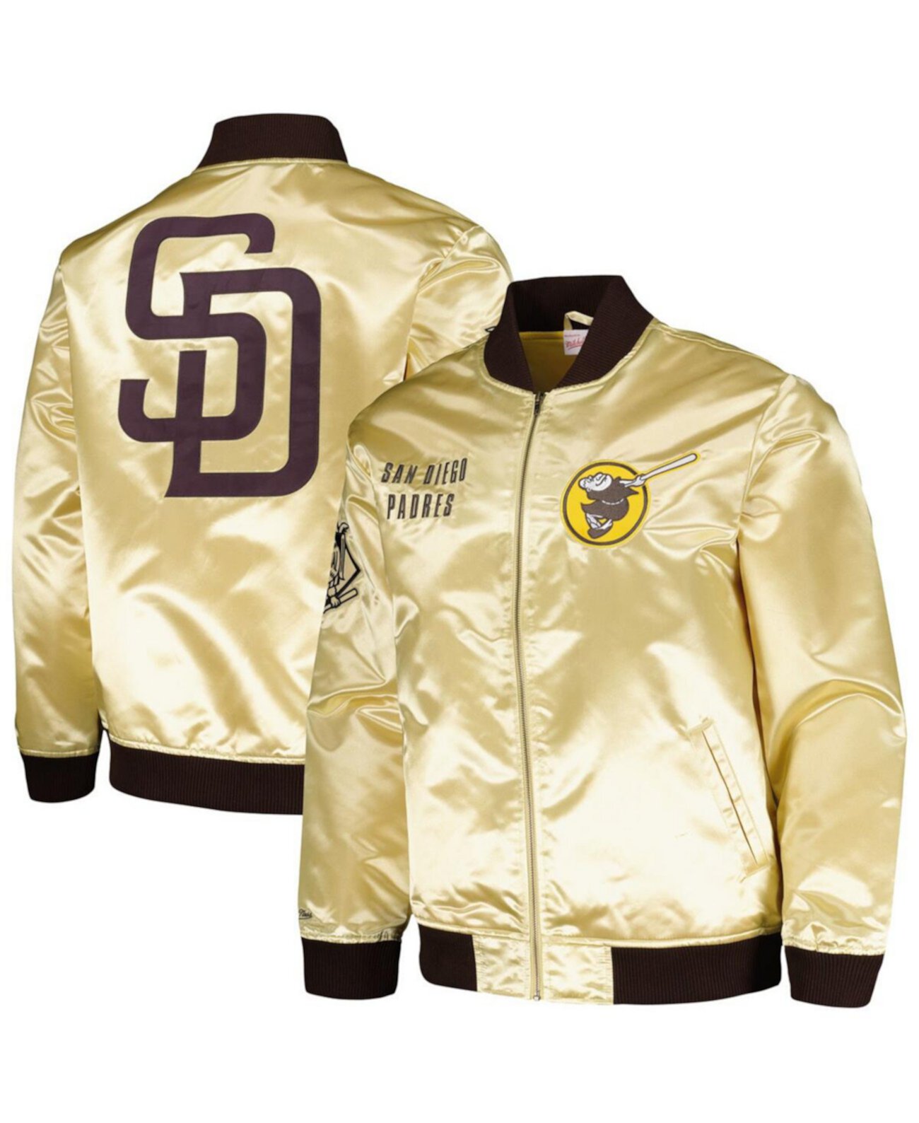 Мужская легкая атласная куртка с молнией во всю длину San Diego Padres OG 2.0 золотого цвета Mitchell & Ness
