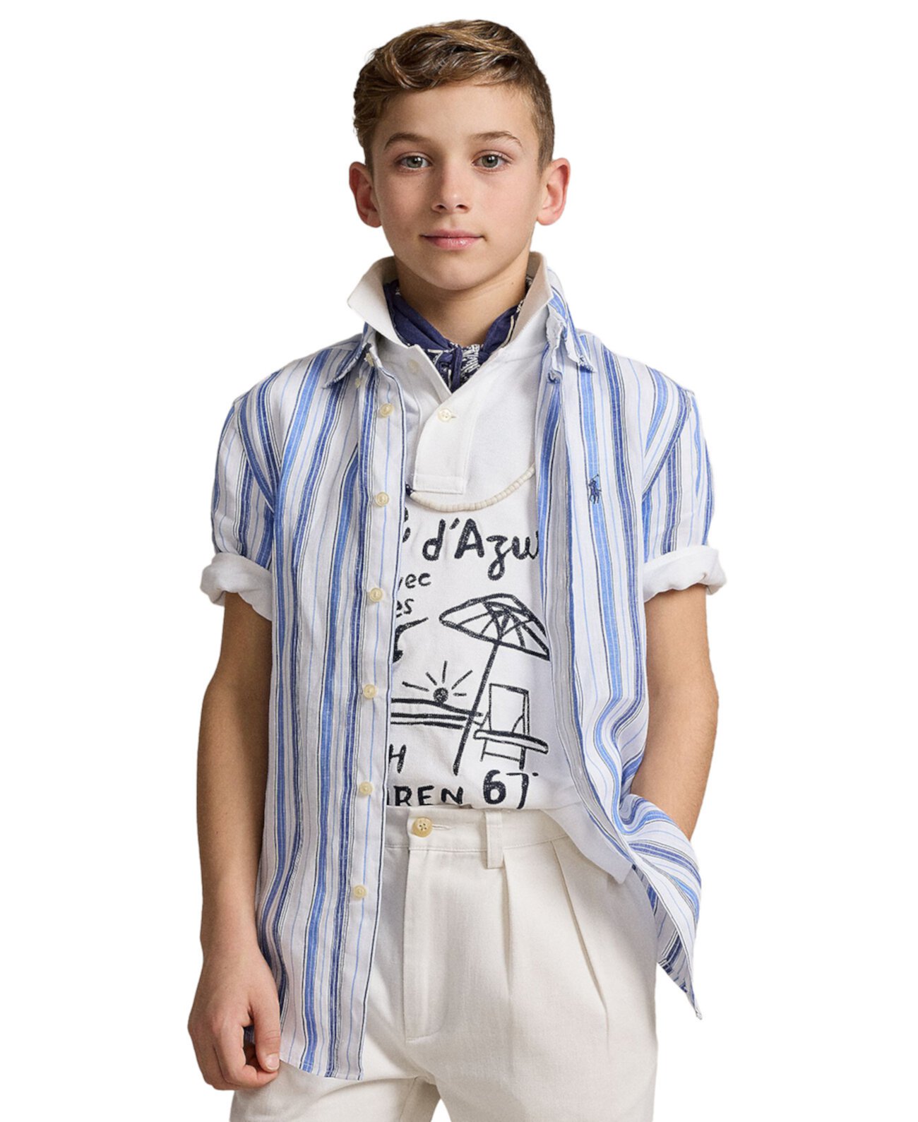 Полосатая льняная рубашка с короткими рукавами для мальчиков Big Boys Polo Ralph Lauren