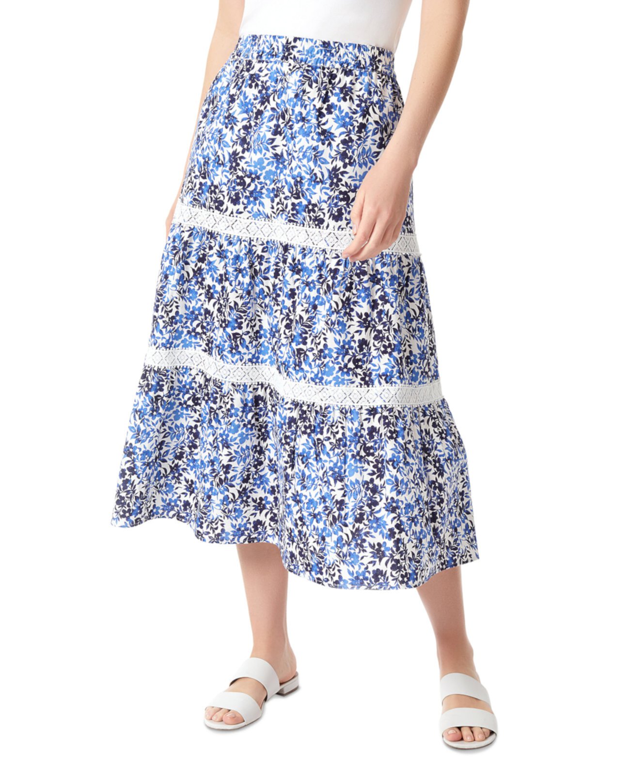 Женская ярусная юбка-миди без застежки с кружевной отделкой и цветочным принтом Jones New York