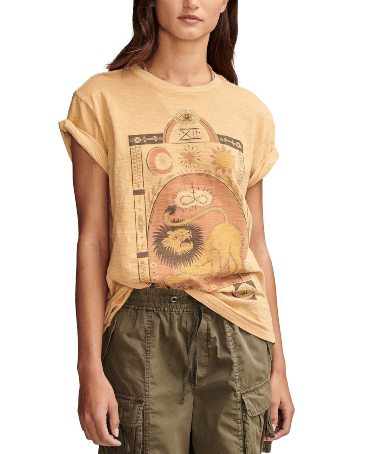 Женская футболка-бойфренд с изображением льва Strength Lucky Brand
