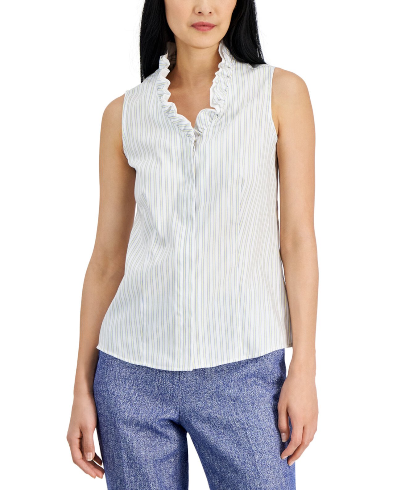 Женская хлопковая блузка без рукавов в полоску с оборками на шее Anne Klein