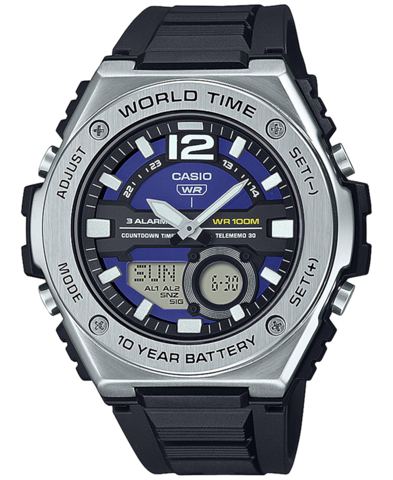 Мужские аналоговые цифровые часы с черным полимерным ремешком, 51 мм, MWQ100-2AV Casio