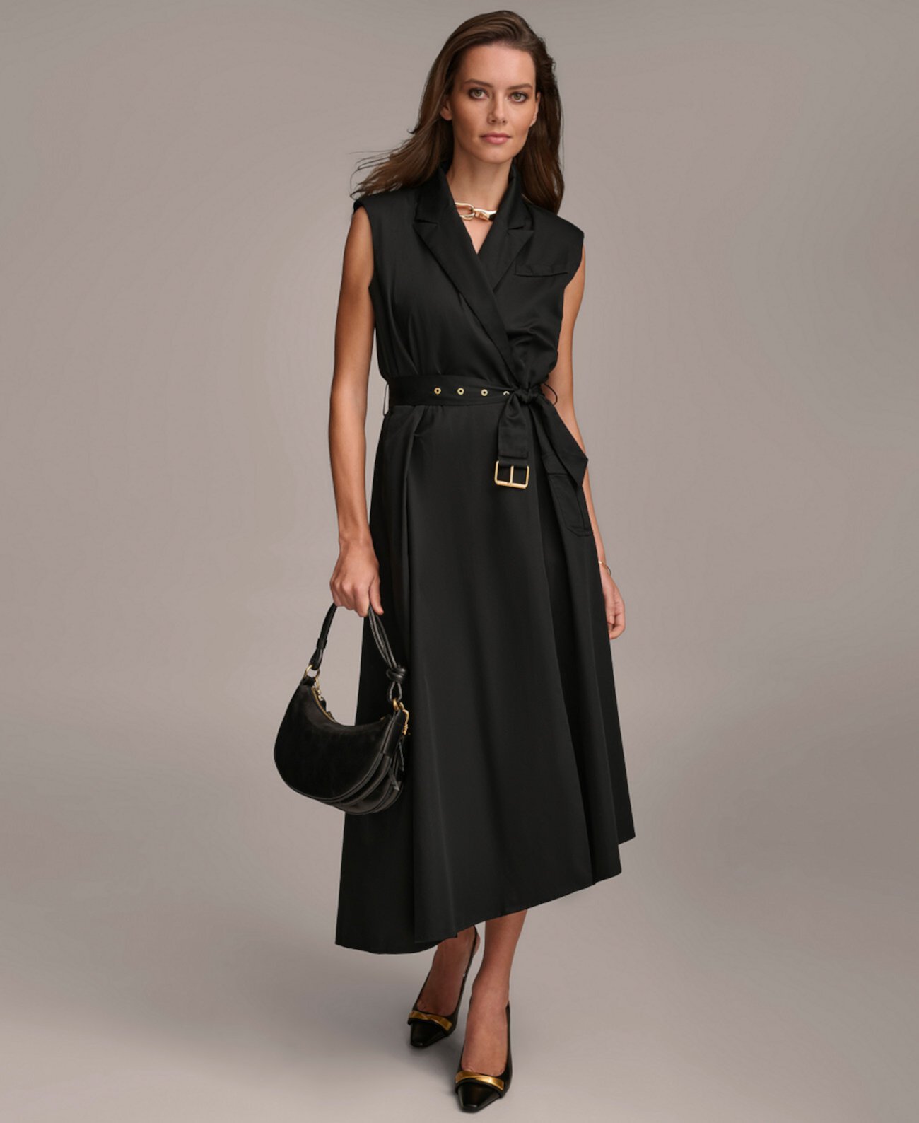 Женское платье-рубашка без рукавов с поясом Donna Karan New York