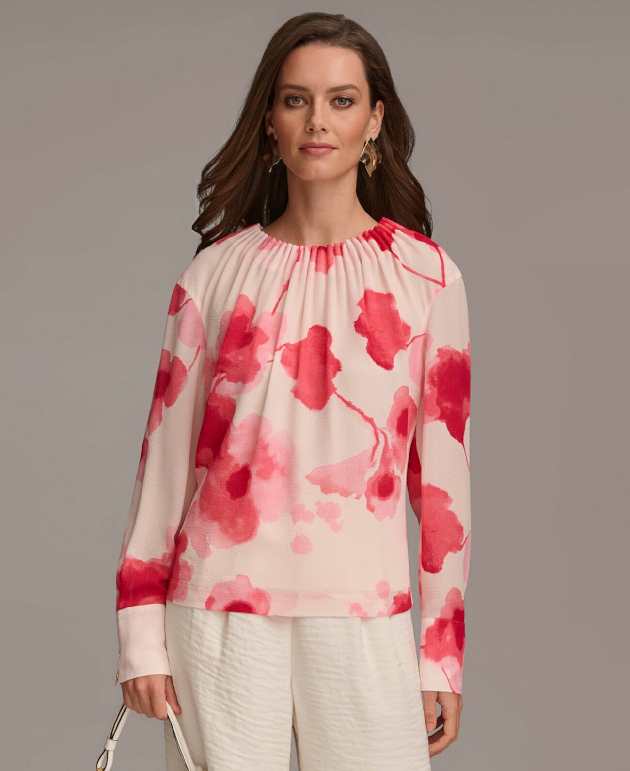Женская блузка с цветочным принтом и гофрированной отделкой Donna Karan New York
