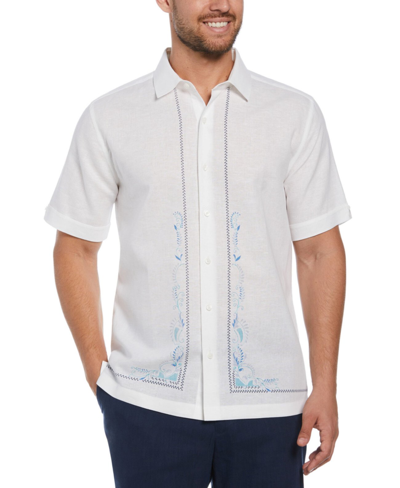 Мужская классическая льняная рубашка L-образной формы с короткими рукавами и вышивкой Cubavera