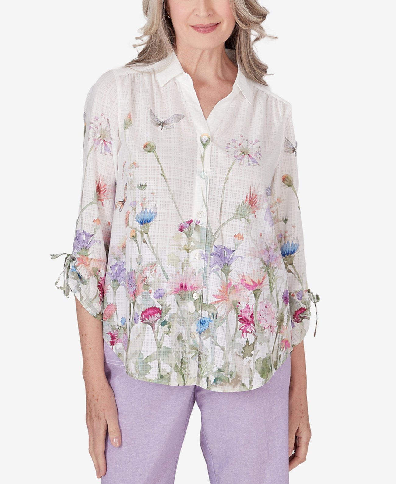 Блузка на пуговицах с акварельным цветочным принтом Petite Garden Party Alfred Dunner