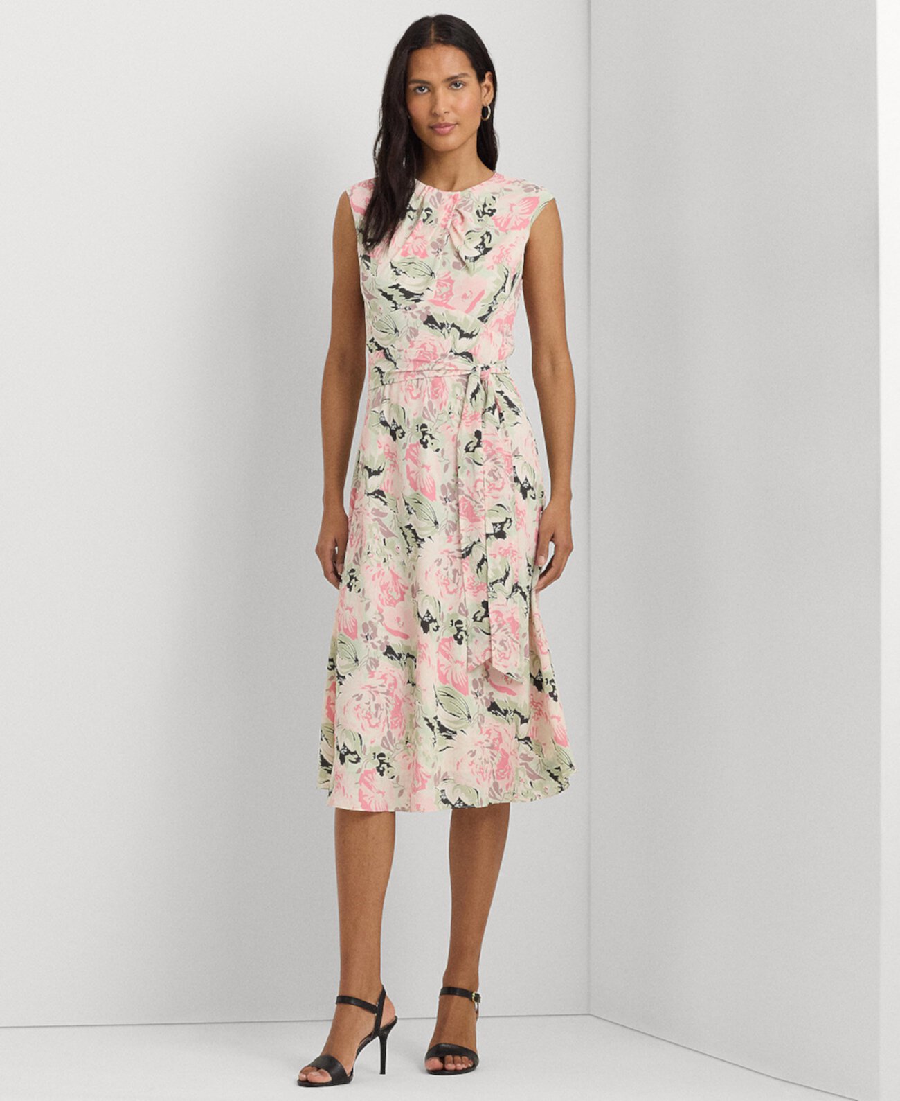 Женское платье из крепа с цветочным принтом и короткими рукавами LAUREN Ralph Lauren