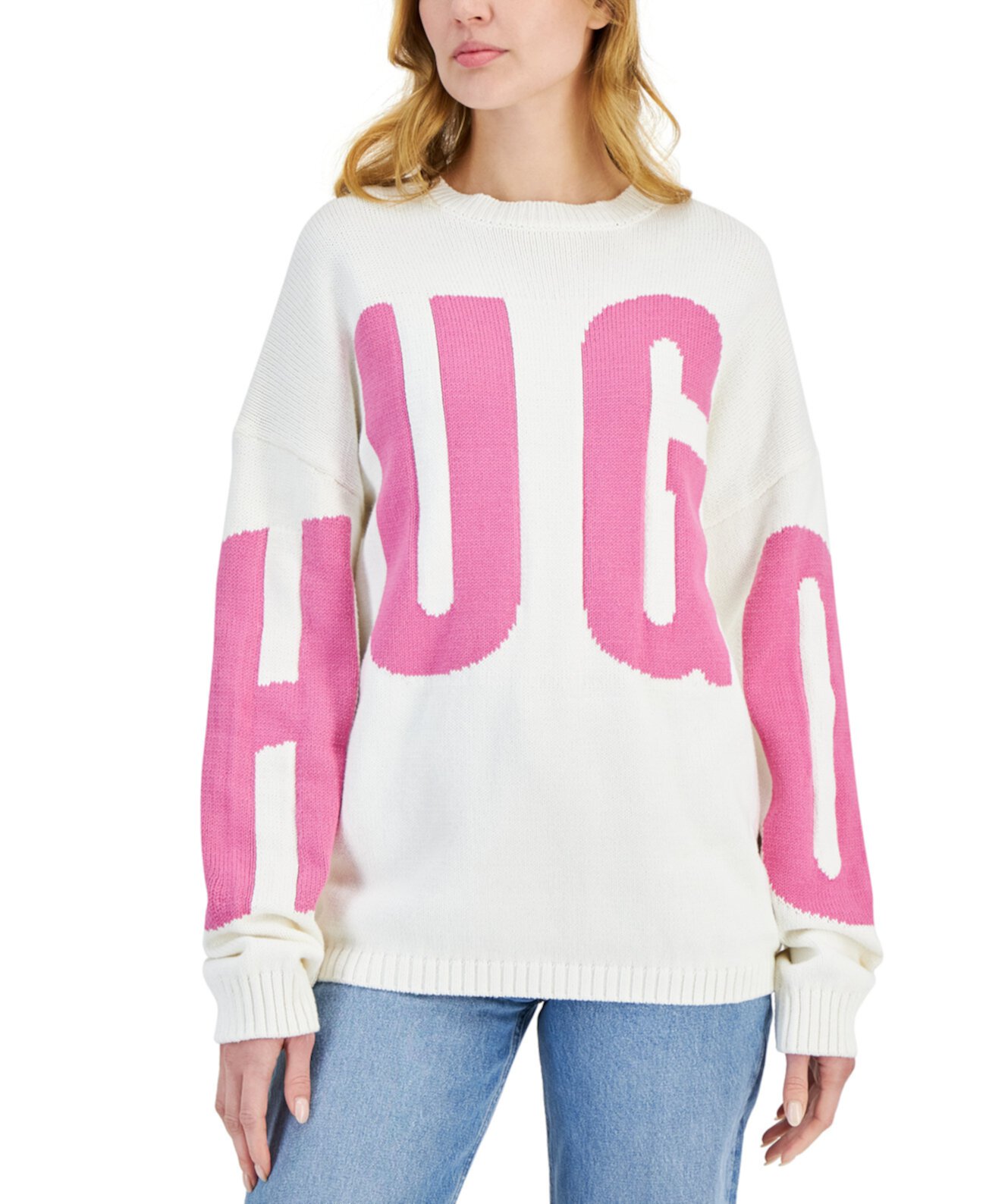 Женский вязаный свитер оверсайз с круглым вырезом и логотипом HUGO BOSS