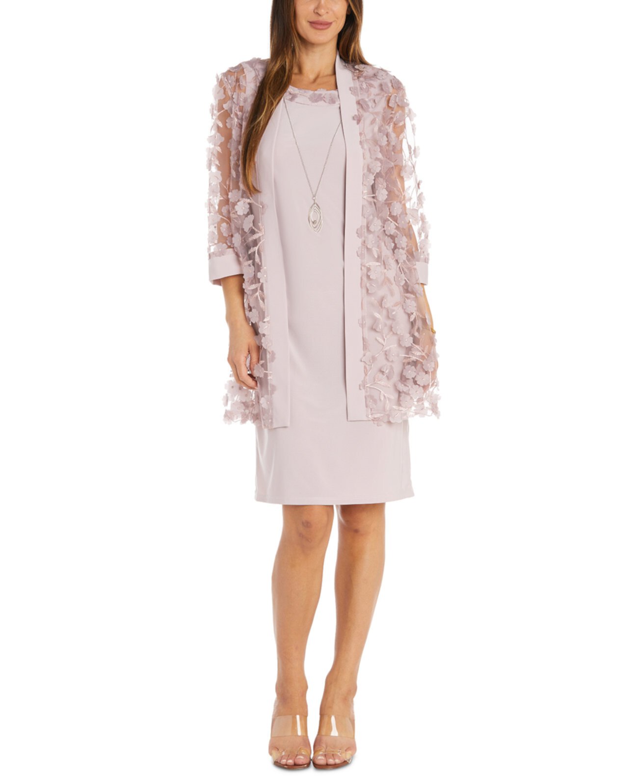 Женская прозрачная куртка с объемным цветочным орнаментом, платье-футляр без рукавов и комплект из ожерелья R & M Richards
