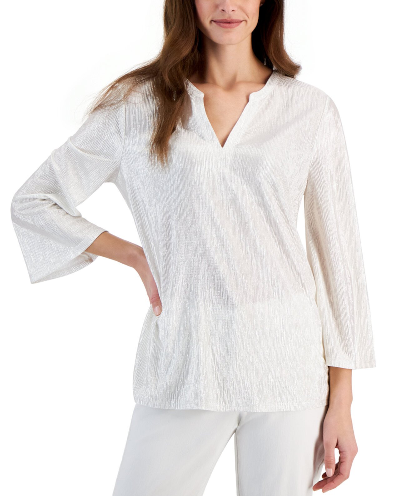 Petite Pleated Metallic Shine V-Neck Top, Created for Macy's J&M Collection