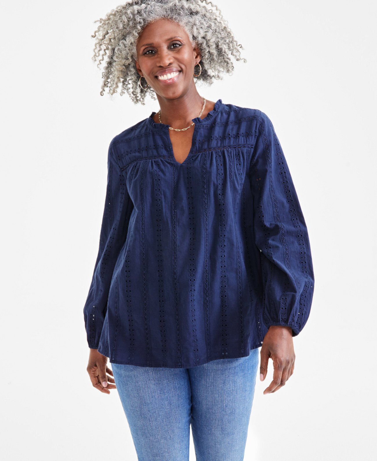 Petite Long Sleeve Eyelet Blouse, Created for Macy's Style & Co