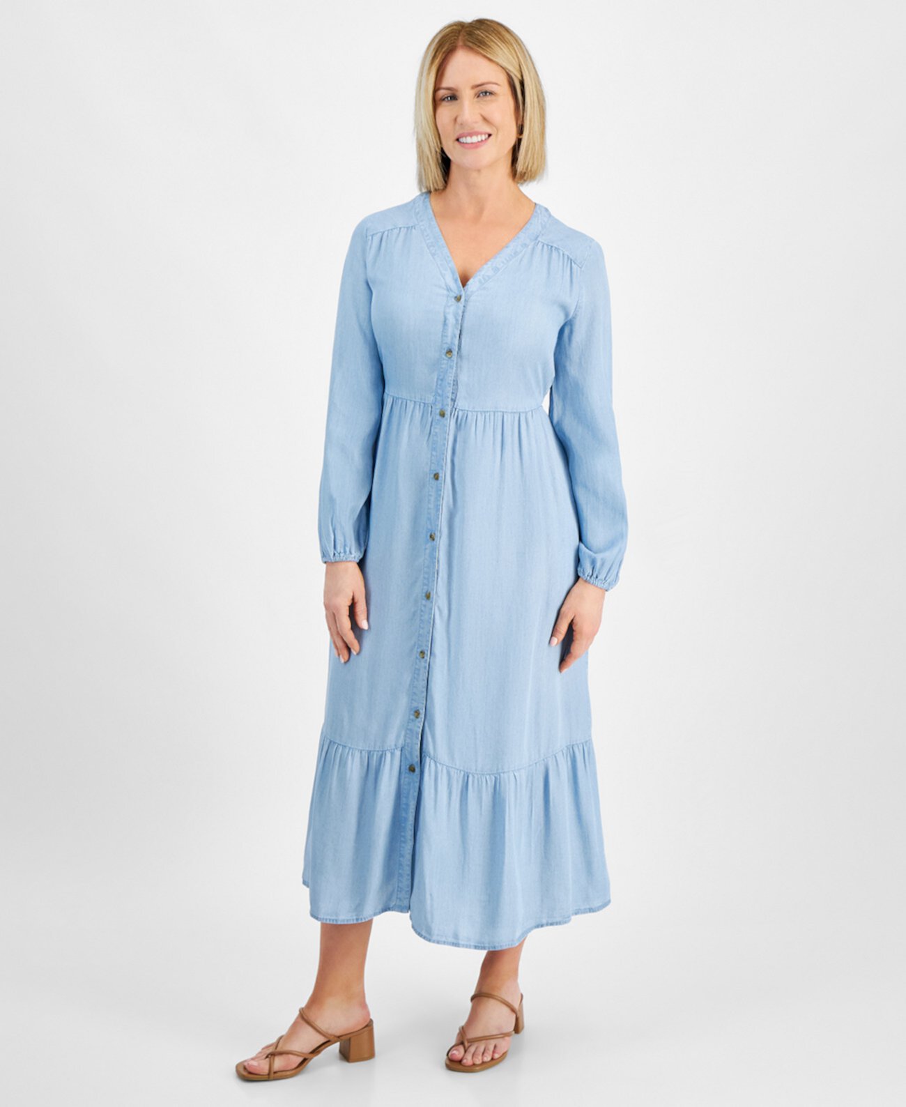 Миниатюрное многоярусное платье-рубашка из шамбре с V-образным вырезом, созданное для Macy's Style & Co