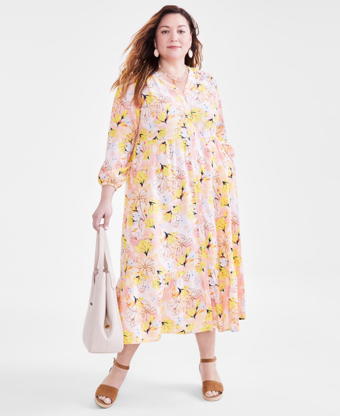Многоуровневое платье размера плюс с цветочным принтом и рукавами 3/4, созданное для Macy's Style & Co