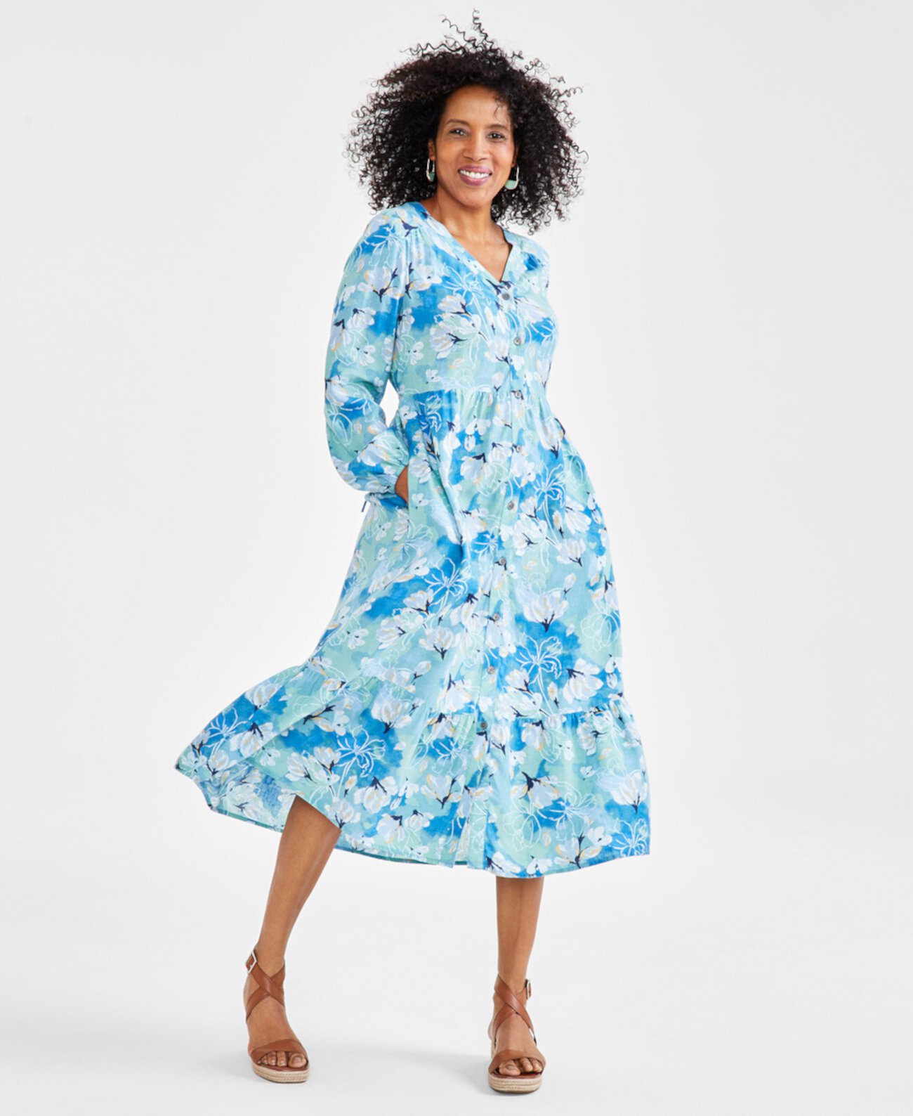 Миниатюрное многоярусное платье-миди на пуговицах с цветочным принтом, созданное для Macy's Style & Co