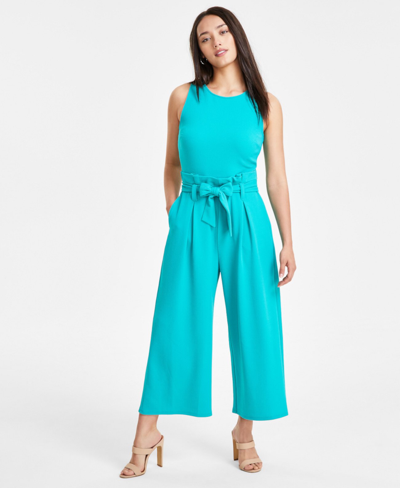 Petite Women's Sleeveless Crewneck Tie-Waist Jumpsuit, Created for Macy's Bar III