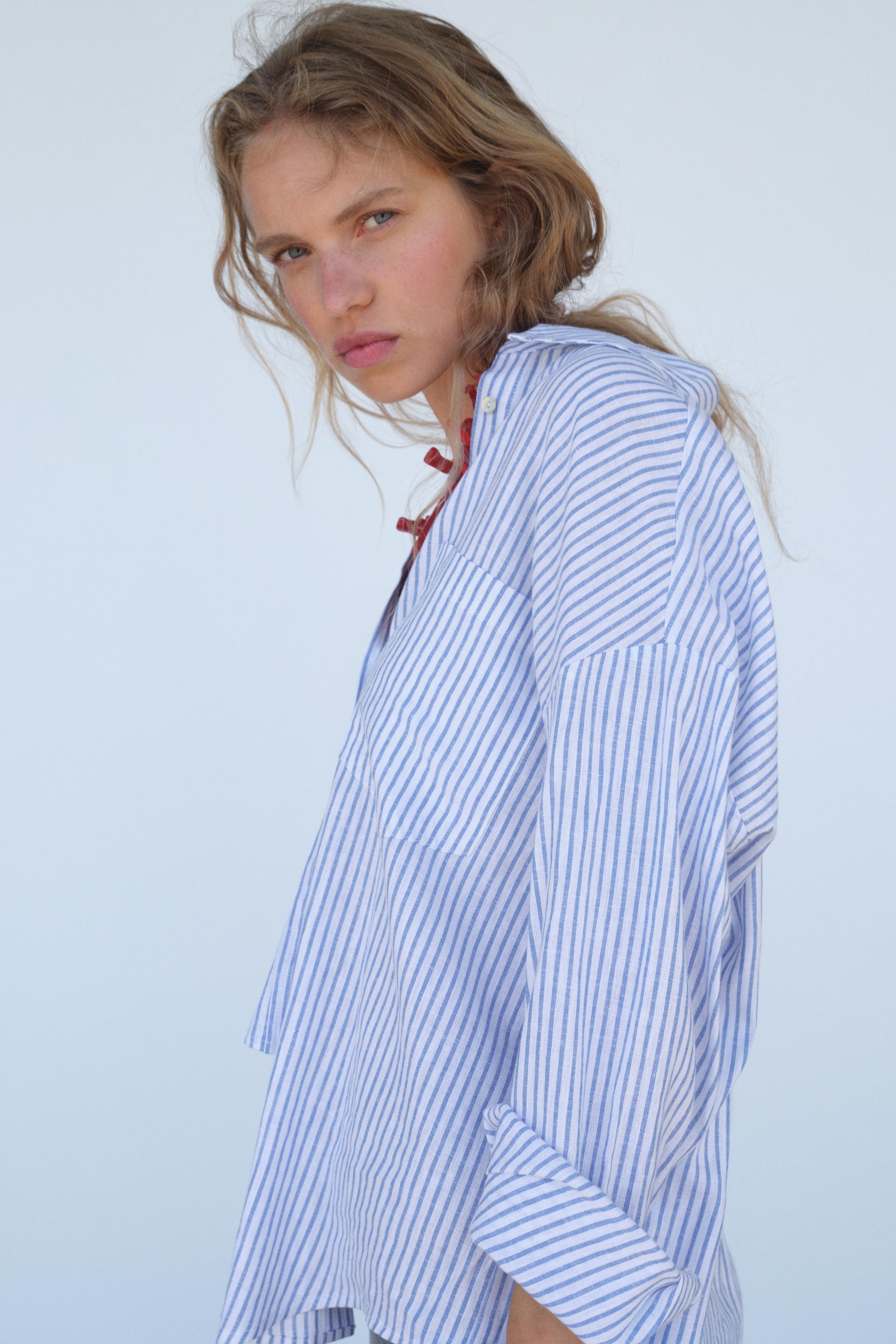 Женская блузка с полосками из льна ZARA ZARA