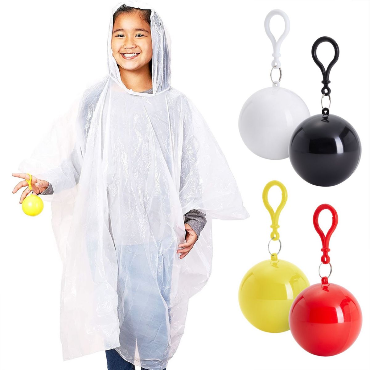 Juvale, 4 комплекта одноразовых пончо от дождя для детей с капюшоном и съемным круглым футляром, прозрачные пластиковые плащи для экстренных случаев, для девочек и мальчиков (белые) Juvale