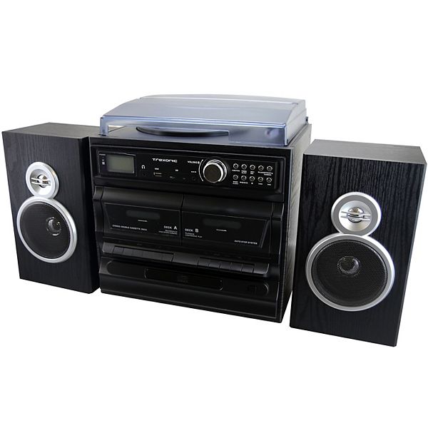 Trexonic 3-Speed Vinyl Turntable Home Stereo System with CD Player, Dual Cassette Player, Bluetooth, FM Radio & USB/SD Recording & Wired Shelf Speakers Trexonic