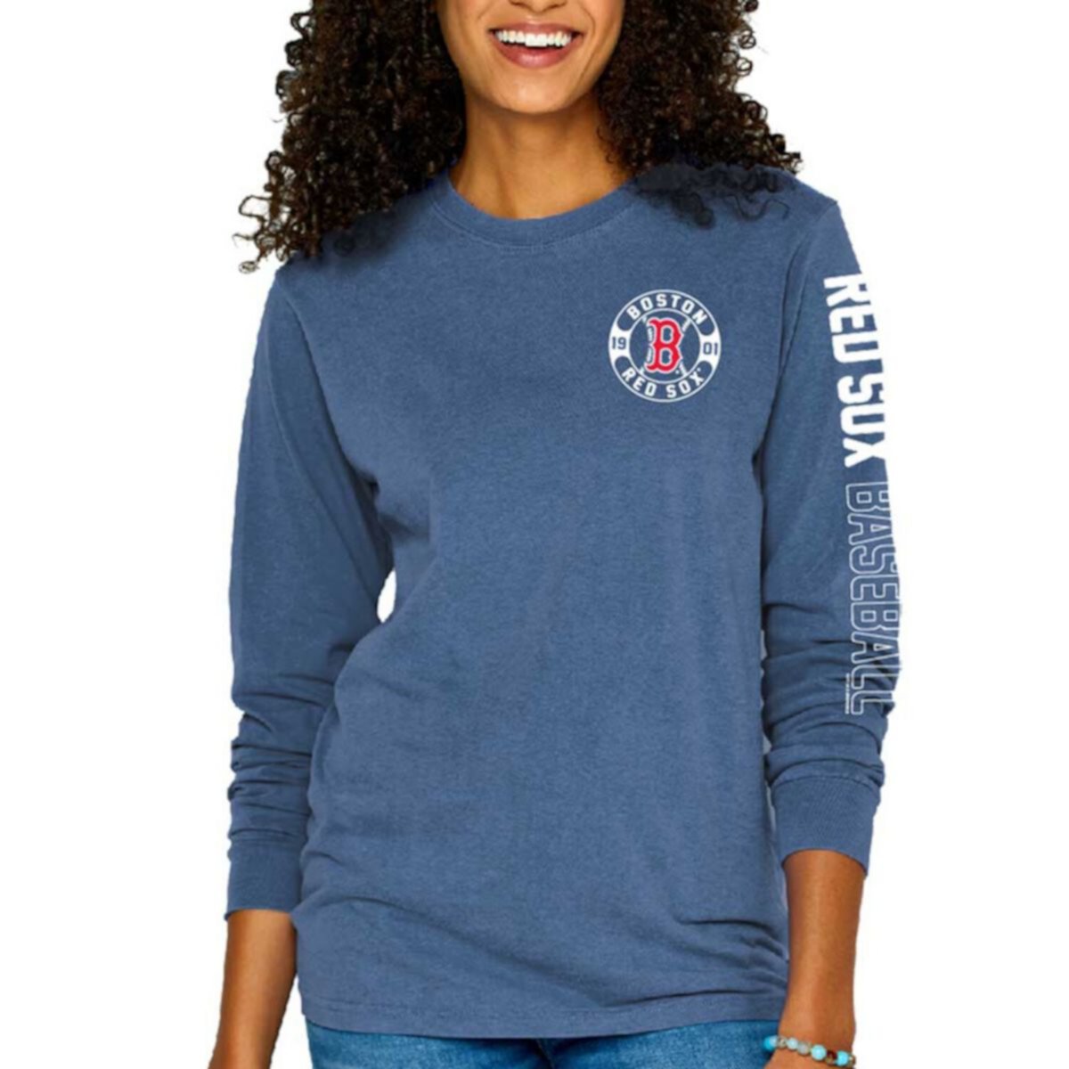 Женская мягкая, как виноград, синяя футболка Boston Red Sox, окрашенная пигментом, с длинными рукавами Soft As A Grape