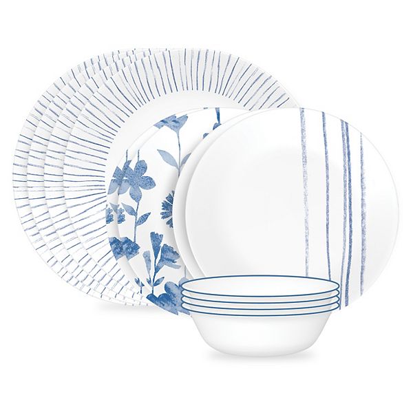 Набор из 12 предметов посуды с узором Botanical Stripes, легкий и прочный витреле Corelle