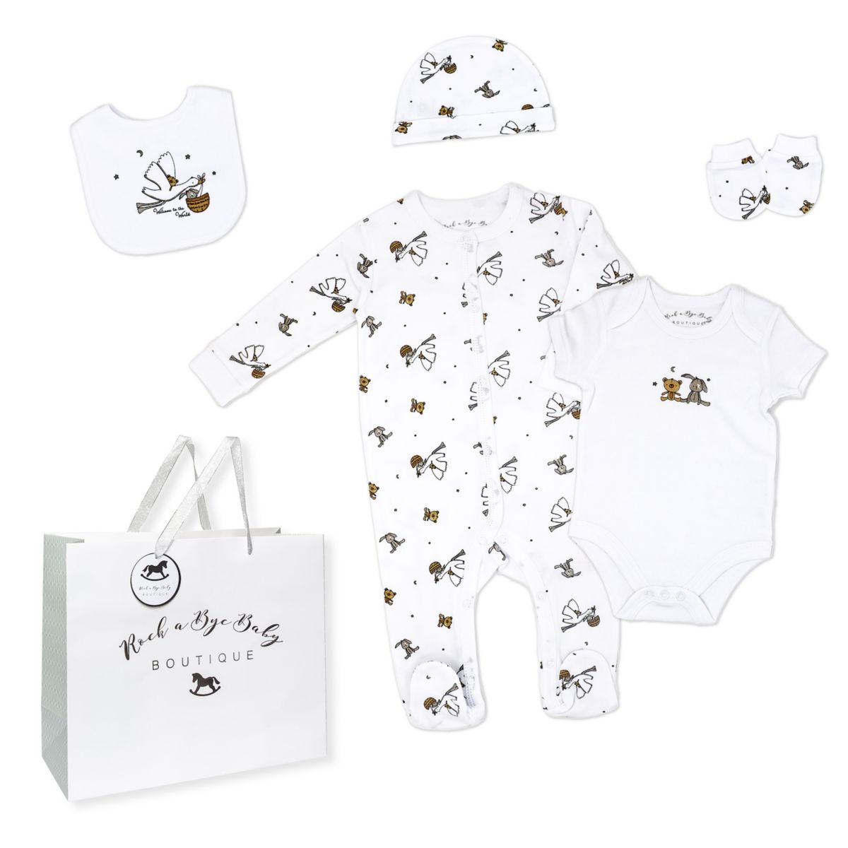 Baby Boys and Girls Busy Stork Layette, 5 Piece Set Rock A Bye Baby Boutique