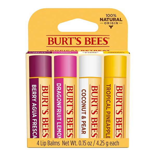 Burt's Bees 100% Natural Origin Moisturizing Lip Balm, Tropical Pineapple, Berry Agua Fresca, Dragon Fruit Lemon and Coconut & Pear, 4 Tubes Burt'S Bees