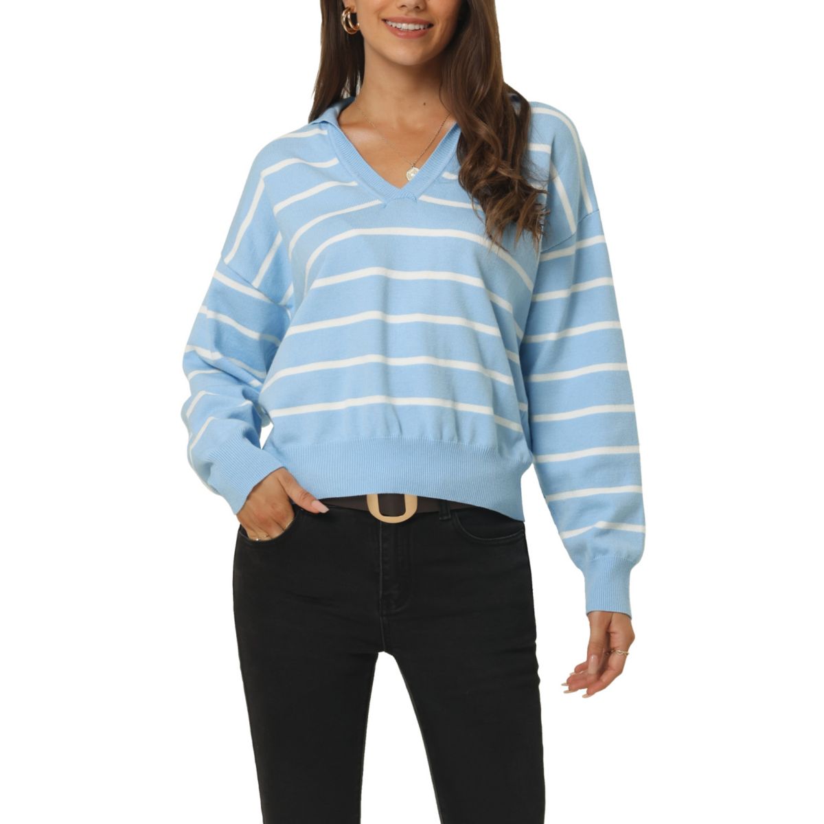 Женский осенне-зимний полосатый пуловер-свитер-поло с V-образным вырезом и цветными блоками, с длинными рукавами, вязаный Seta T