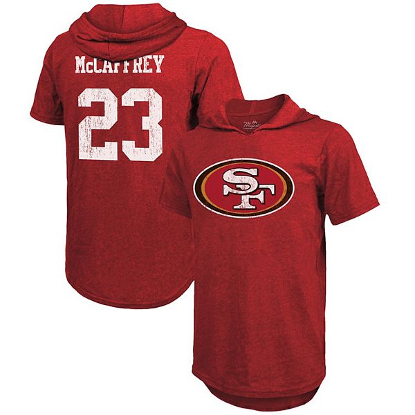 Мужская футболка Majestic Threads Christian McCaffrey Scarlet San Francisco 49ers с именем и номером игрока, футболка с короткими рукавами и короткими рукавами Tri-Blend Majestic