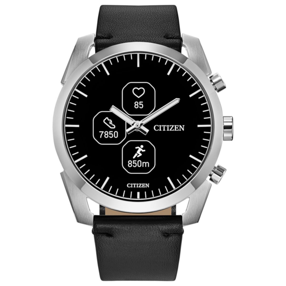 Гибридные спортивные умные часы Citizen CZ SMART из нержавеющей стали с черным кожаным ремешком Citizen