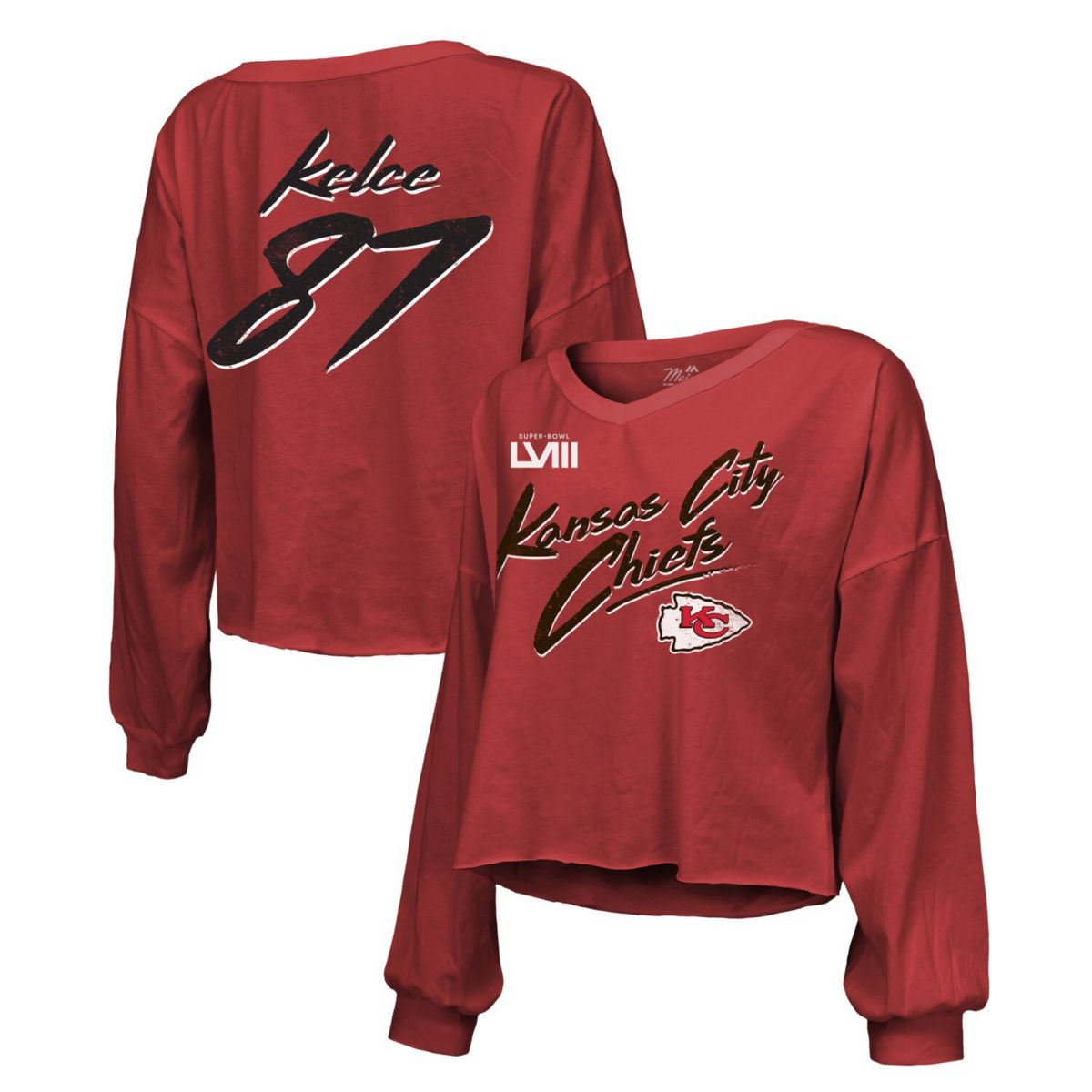 Женская футболка Majestic Threads Travis Kelce Red Kansas City Chiefs Super Bowl LVIII Имя и номер игрока Укороченная футболка с открытыми плечами и длинными рукавами с v-образным вырезом Majestic Threads