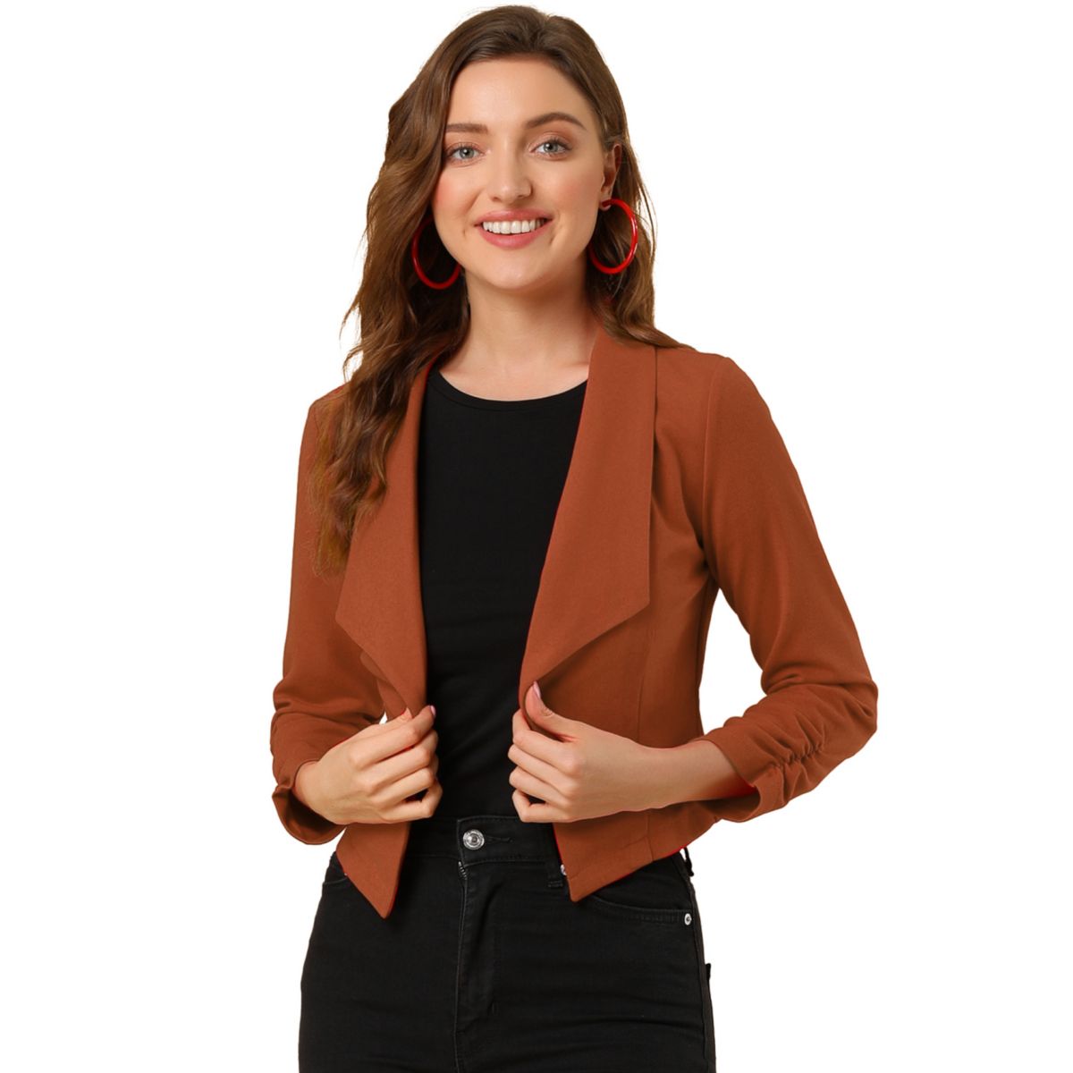 Женский укороченный пиджак с длинными рукавами и зубчатыми лацканами ALLEGRA K