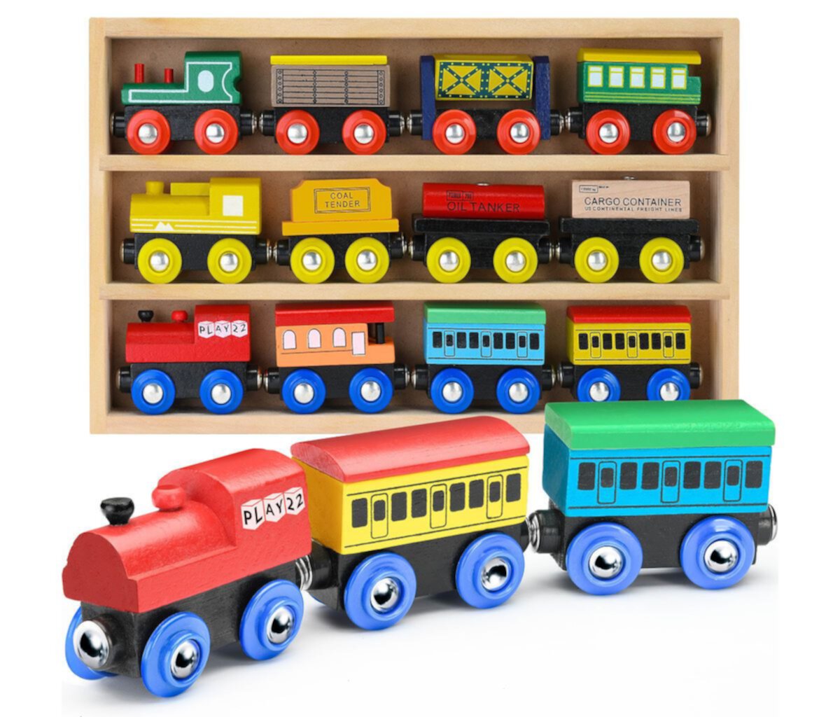 Набор деревянных поездов, 12 шт. - наборы игрушечных поездов для детей ясельного возраста Play22