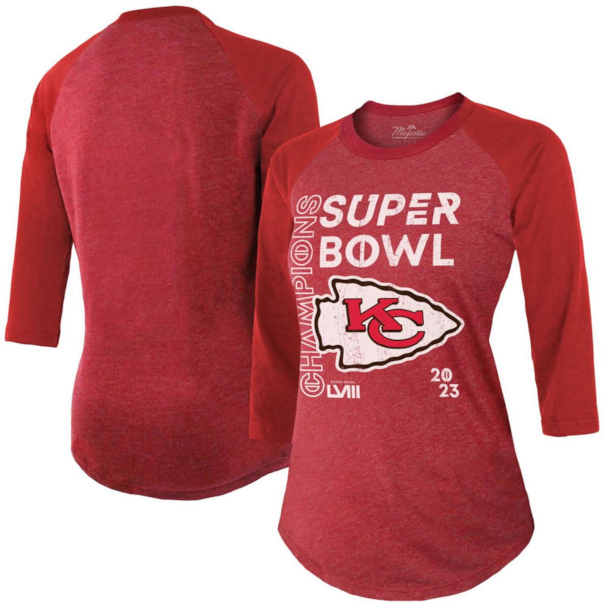 Женская красная футболка Majestic Threads Kansas City Chiefs Super Bowl LVIII Champions Whooperup Tri-Blend с рукавами 3/4 реглан Majestic Threads